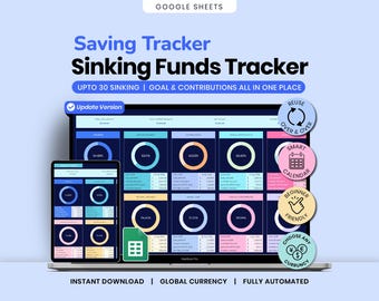 Puede incluir: Una herramienta digital de planificación financiera que se muestra en una computadora portátil y una tableta. La pantalla muestra un "Saving Tracker" y un "Sinking Funds Tracker" con gráficos y datos. La imagen incluye el texto "Descarga instantánea", "Moneda global" y "Totalmente automatizado".