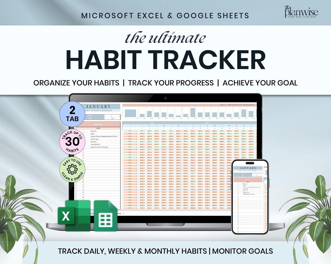 Habit Tracker Spreadsheet for Google Sheets & Excel (digital Download ...