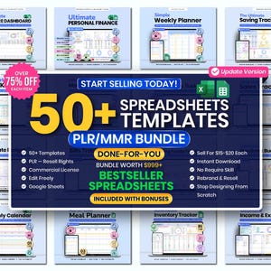 Op de afbeelding: Een digitaal pakket van meer dan 50 spreadsheet-sjablonen voor Google Sheets, met een centrale afbeelding met de tekst START SELLING TODAY! 50+ SPREADSHEETS TEMPLATES PLR/MMR BUNDLE, omringd door kleinere voorbeelden van diverse financiële trackers.