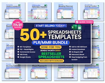 50+ Spreadsheet Templates Bundle (PLR/MMR) | Google Sheets, Excel Digital Products