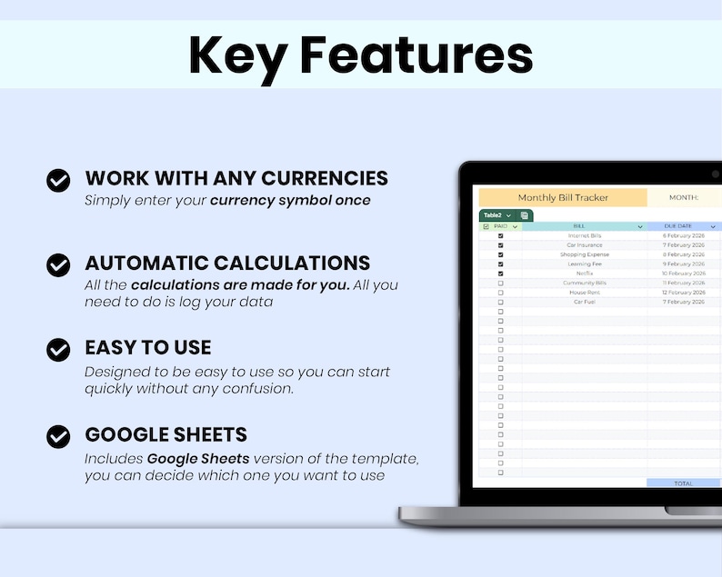 Smart Monthly Bill Tracker Spreadsheet, Google Sheets & Excel (digital ...