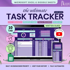 May include: A laptop and smartphone display a task tracker interface with a purple and green color scheme. The text "the ultimate TASK TRACKER" is prominent, with additional text indicating features like "Stay Organized" and "Track Progress." Icons and the words "Beginner Friendly" are also visible.