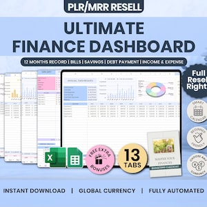 May include: A digital finance dashboard with the text "ULTIMATE FINANCE DASHBOARD". The image includes a tablet displaying a spreadsheet, several spreadsheet pages, and icons for Excel and Google Sheets. Additional elements include a budgeting checklist and icons for currency and calendar.