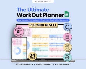 PLR Workout Planner Google Sheets plr Exercise Tracker Spreadsheet Weekly Monthly Fitness Schedule mrr