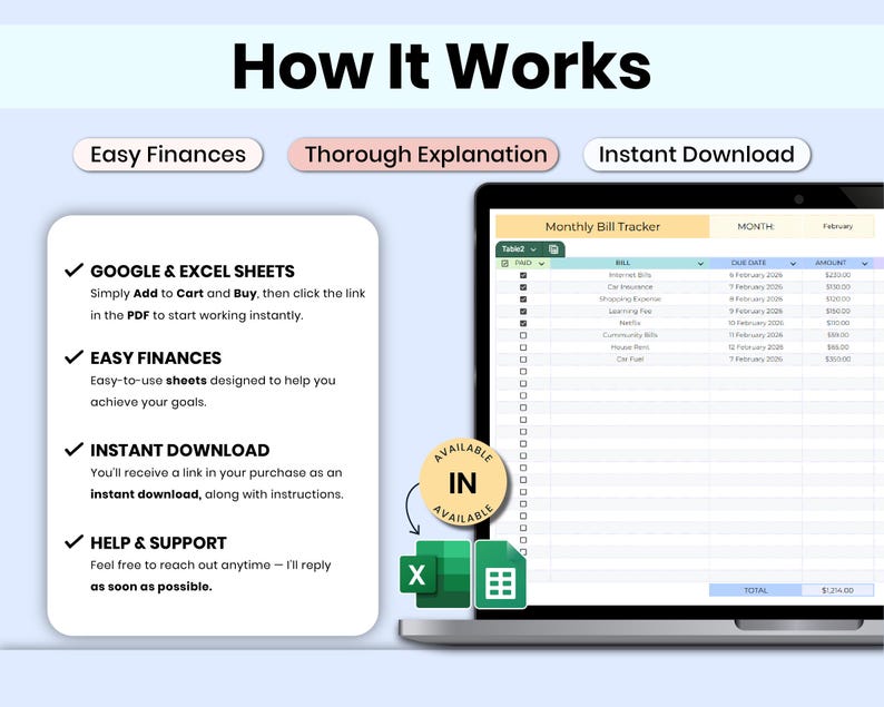 Smart Monthly Bill Tracker Spreadsheet, Google Sheets & Excel (digital ...