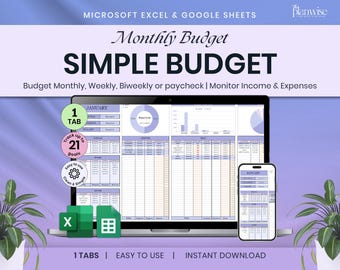 Planificador de presupuesto simple, plantilla de Excel para Hojas de cálculo de Google (descarga digital)