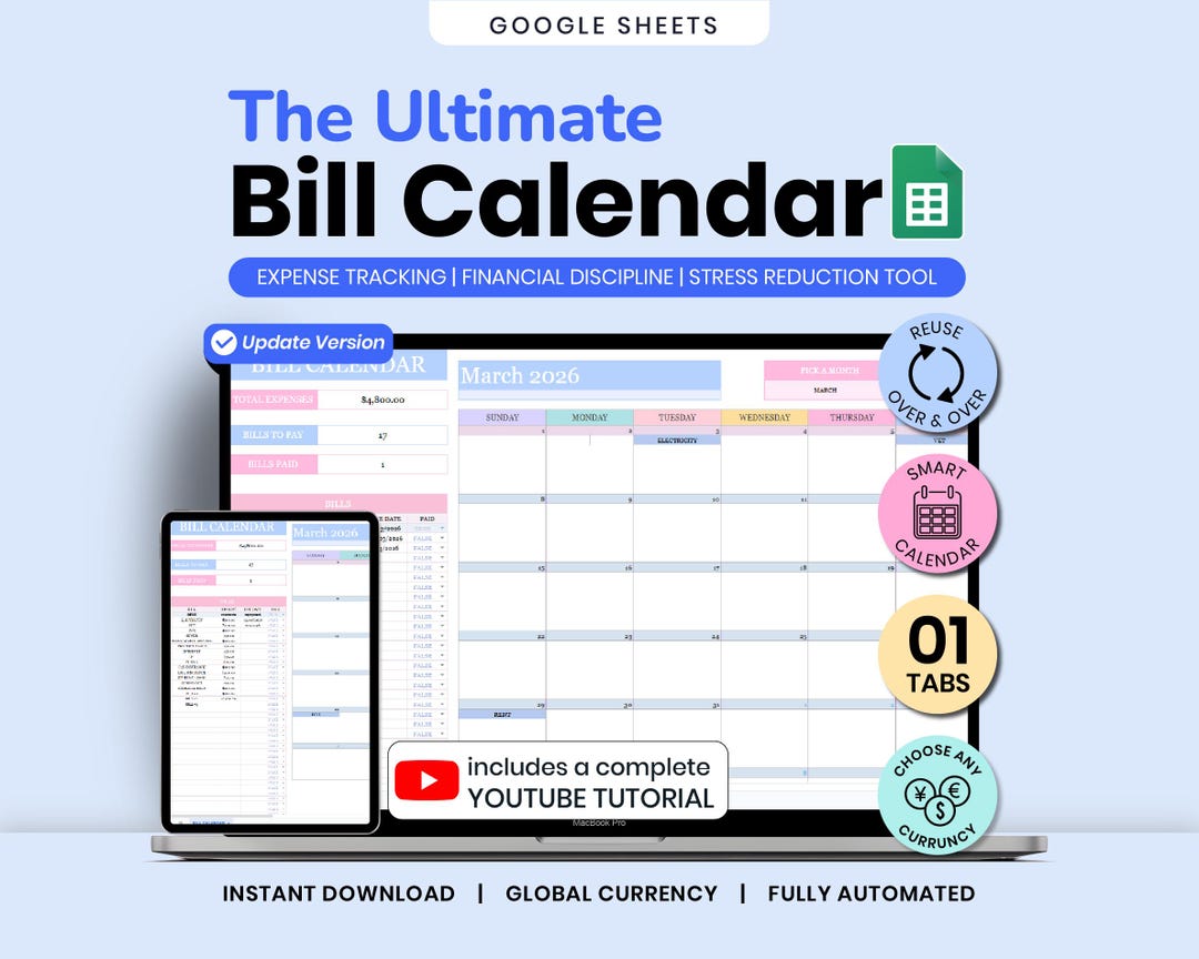 Bill Calendar and Bill Tracker Spreadsheet for Google Sheets & Excel ...