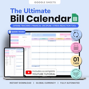Bill Calendar and Bill Tracker Spreadsheet for Google Sheets & Excel Payment Organizer (Instant Download)