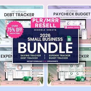 May include: A digital product bundle for small businesses, featuring debt, expense, and budget trackers. The image displays four mockups of spreadsheets with the text "2026 Small Business Bundle" and "Over 75% Off Each Item."