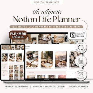 Peut inclure: Présentation d'un planificateur de vie Notion sur ordinateur portable et tablette. Le design est minimaliste et esthétique, avec le texte "the ultimate Notion Life Planner". Le texte supplémentaire comprend "INSTANT DOWNLOAD | MINIMAL & AESTHETIC DESIGN | DIGITAL PLANNER."