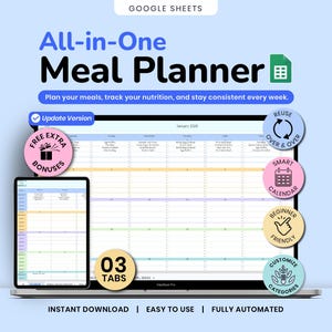 May include: A digital meal planner displayed on a laptop and tablet. The planner, titled "All-in-One Meal Planner," includes sections for meal planning, nutrition tracking, and consistency. Additional features include free bonuses, smart calendar, and beginner-friendly options.
