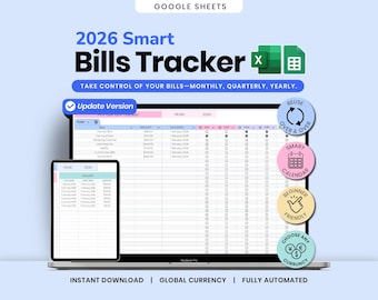 Puede incluir: Un portátil y una tableta muestran una hoja de cálculo de 2026 Smart Bills Tracker. La imagen incluye el texto "Take control of your bills - monthly, quarterly, yearly." Iconos adicionales resaltan funciones como "Reuse Over & Over".