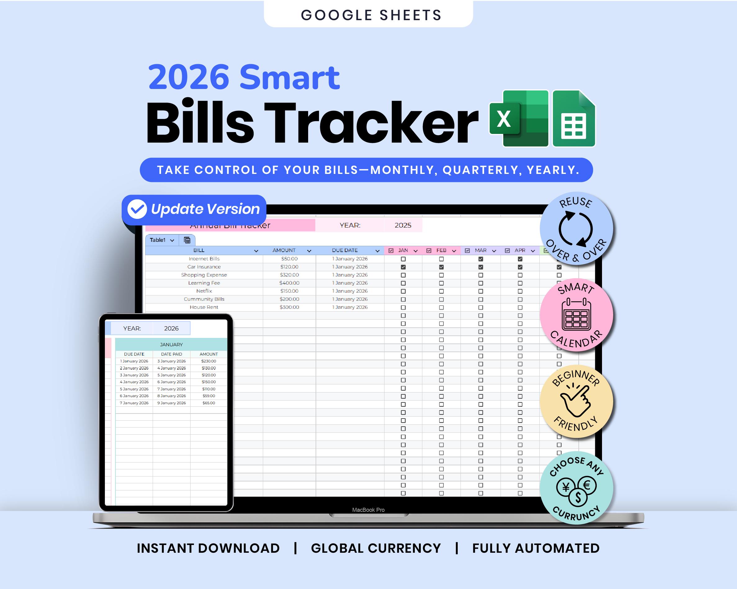Smart Monthly Bill Tracker Spreadsheet, Google Sheets & Excel (digital ...