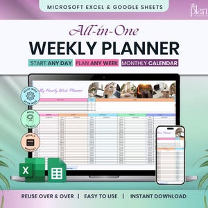 Weekly Time Blocking Planner Spreadsheet, 24 Hour Schedule (Digital Download)