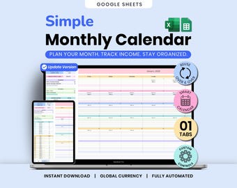 Monthly Calendar Spreadsheet: Task Planner, Income Tracker Productive planner (Google Sheets)