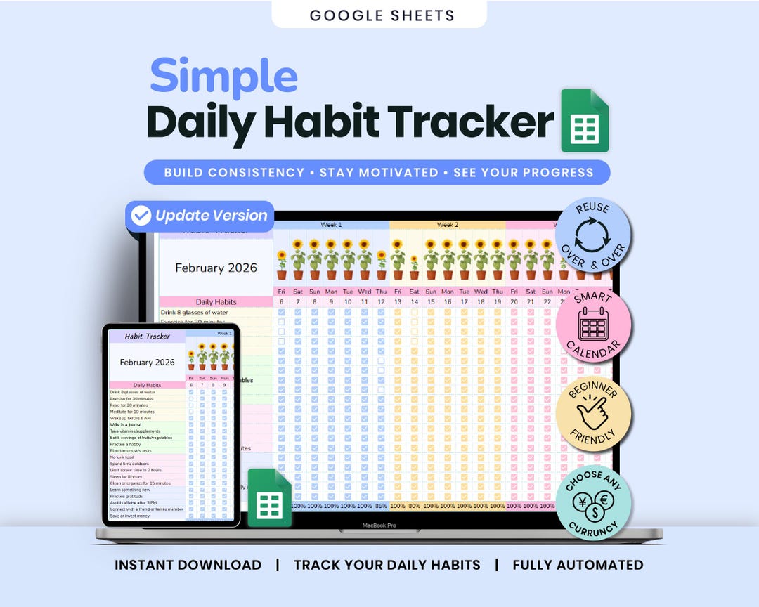Habit Tracker Spreadsheet Google Sheets Template Daily Habit Planner ...