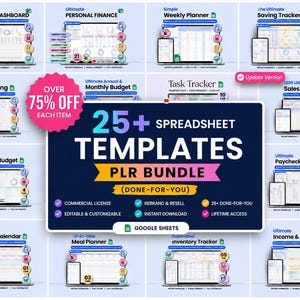 Könnte beinhalten: Ein digitales Paket mit über 25 Tabellenkalkulationsvorlagen für Google Sheets, das verschiedene Finanz- und Organisationstools wie ein Finanz-Dashboard, Budget-Tracker und Planer enthält, präsentiert mit einer zentralen Grafik.
