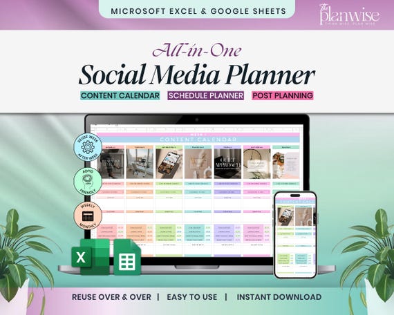 Social Media Content Planner, Google Sheets Content Calendar (Digital Download)