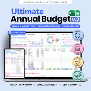 Könnte beinhalten: Ein Laptop und ein Tablet zeigen eine Tabelle mit dem Titel "Ultimate Annual Budget V.2". Der Bildschirm zeigt Diagramme und Datentabellen mit dem Text "Annual & Monthly | Bills | Savings | Debt Tracker | Income & Expense."