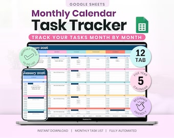 Plantilla de calendario mensual de seguimiento de tareas 2026 para Hojas de cálculo de Google (descarga digital)