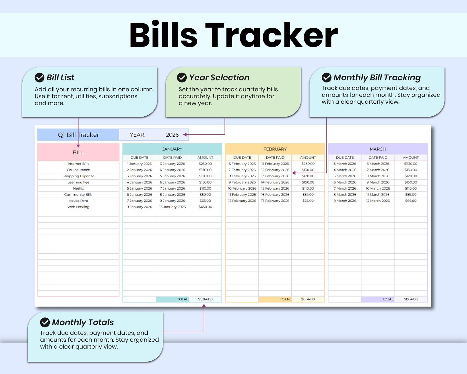 Smart Monthly Bill Tracker Spreadsheet, Google Sheets & Excel (digital ...