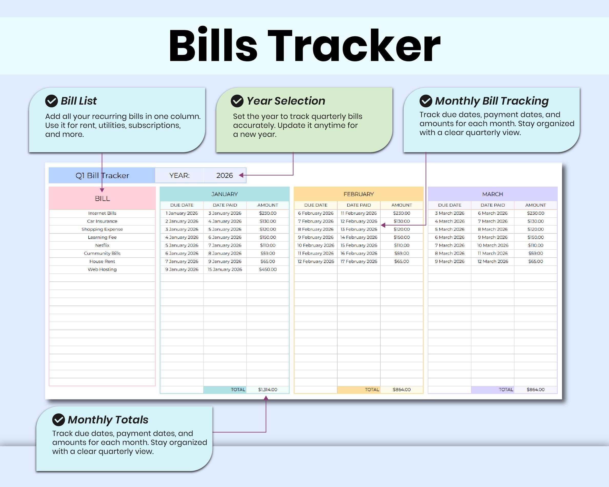 Smart Monthly Bill Tracker Spreadsheet, Google Sheets & Excel (digital ...