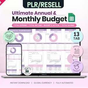 May include: A laptop and smartphone display a digital budget spreadsheet with charts and tables. The image includes text that reads "Ultimate Annual & Monthly Budget" and "Choose Any Currency". Additional text includes "Instant Download" and "Beginner Friendly".