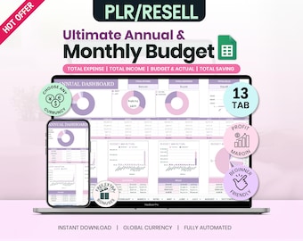 May include: A laptop and smartphone display a digital budget spreadsheet with charts and tables. The image includes text that reads "Ultimate Annual & Monthly Budget" and "Choose Any Currency". Additional text includes "Instant Download" and "Beginner Friendly".