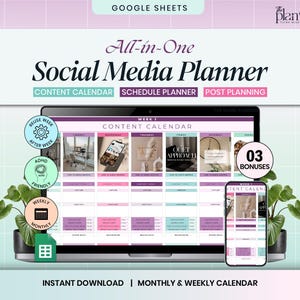 May include: A digital social media planner displayed on a laptop and smartphone. The planner includes a content calendar, schedule planner, and post planning features. The design is in shades of purple, teal, and white, with the text "All-in-One Social Media Planner."