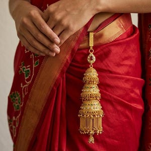 May include: A gold-coloured, tiered tassel accessory with intricate detailing, including small gems and dangling beads. The accessory is attached to a red garment with gold trim. The image shows the accessory hanging from the garment.