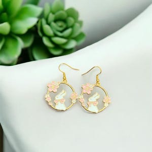 Gold Bunny Hoop Earrings: Sakura Floral Easter Jewelry