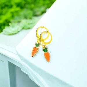 Gold Carrot Hoop Earrings: Enamel Spring Easter Jewelry