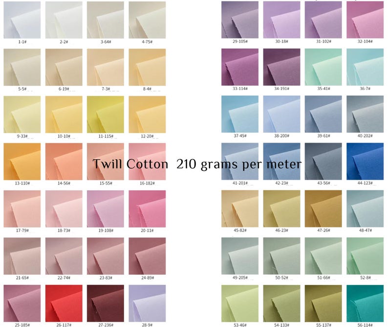 May include: A color chart of 56 fabric swatches, labeled with numbers. The fabric is twill cotton, 210 grams per meter. The swatches range in color from white to dark blue, with many shades of pink, red, orange, yellow, green, and brown.