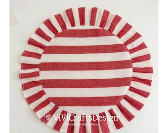 Rot gestreiftes rundes Leinen Tischset | Rustikaler Esstisch Dekor (38 cm) mit Rüschen