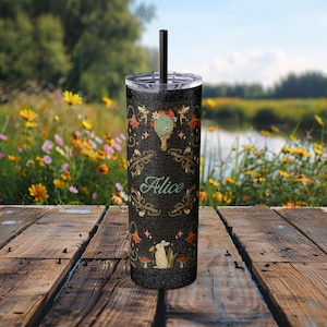 Custom Vintage Alice in Wonderland Skinny Tumbler, Personalized Eco Friendly Travel Cup, Back to School Gift, 20oz Mug, Custom Work Cup