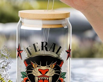 Feral Traditional Tattoo Themed Glass 16oz Sipper Cup, Rebellious Girl Gift, Christmas Gift for Her, Feral Mom&#39;s Club Cup,Latte Cup,Sparrows
