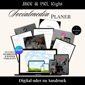 Könnte beinhalten: Ein digitaler Social-Media-Planer mit Laptop-, Telefon- und Tablet-Mockups. Der Planer enthält Abschnitte für YouTube-Analyse, Passwort-Tracking und TikTok-Planung. Der Text "Socialmedia PLANER" steht in großen, fetten Buchstaben oben im Bild. Der Text "Digital oder zu Ausdruck" steht unten im Bild.