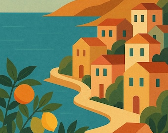 Mediterranean Seaside Art Print – Retro Pastel Houses Poster