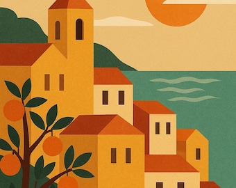 Sunlit Citrus Village Art Print – Retro Mediterranean Poster