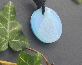 Blue and White 3D printed circle sculpture pendant, nature inspired leaf skeleton statement necklace