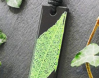 Leaf skeleton rectangle pendant, adjustable botanical statement necklace, black & green, nature lover, witchy, 3D printed resin, unisex