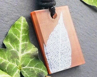 Brown and Cream 3D printed rectangle sculpture pendant, nature inspired leaf skeleton statement necklace