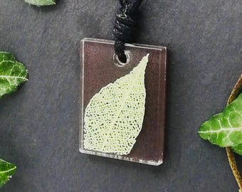 Leaf skeleton rectangle pendant, adjustable botanical statement necklace, brown & cream, nature lover, witchy, 3D printed resin, Unique run