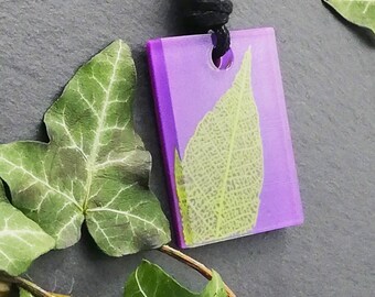 Purple and Green 3D printed rectangle sculpture pendant, nature inspired leaf skeleton statement necklace
