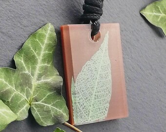 Brown and Green 3D printed rectangle sculpture pendant, nature inspired leaf skeleton statement necklace