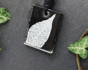Leaf skeleton rectangle pendant, adjustable botanical statement necklace, brown black & white, monochrome, 3D printed resin, Unique run