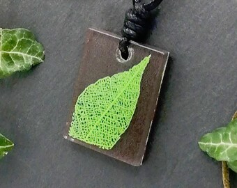 Leaf skeleton rectangle pendant, adjustable botanical statement necklace, brown & green, nature lover, witchy, 3D printed resin, Unique run