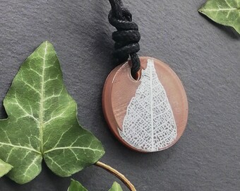 Brown and Cream 3D printed circle sculpture pendant, nature inspired leaf skeleton statement necklace