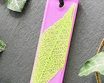 Leaf skeleton rectangle pendant, adjustable botanical statement necklace, purple & green, nature lover, witchy, 3D printed resin, unisex