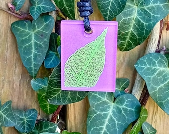 Leaf skeleton Pendant, purple & green nature inspired statement necklace, rectangle sculpture art jewellery